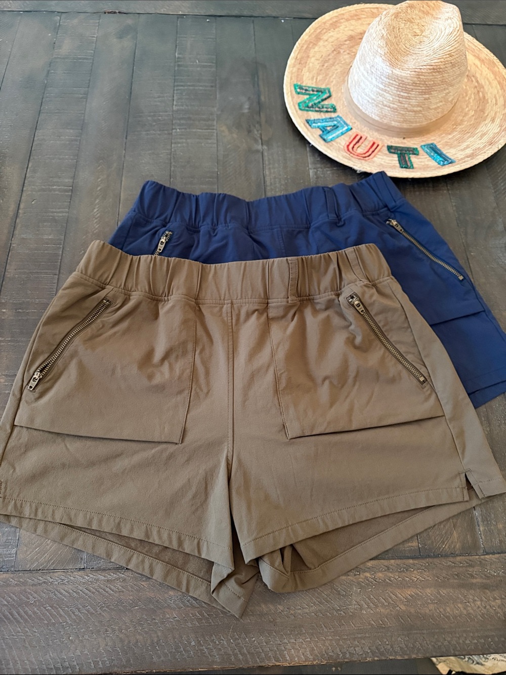 CRZ YOGA Olive and Navy Athletic Zip-Pocket Shorts